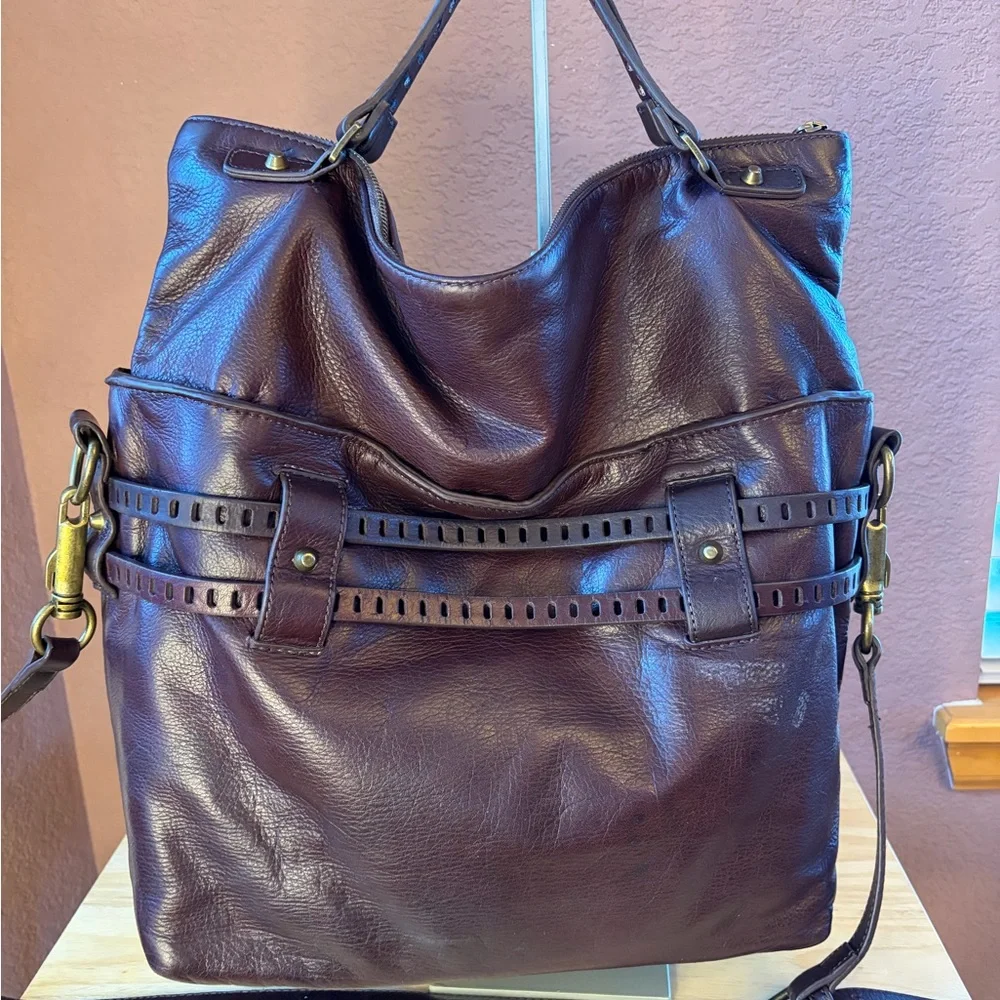Joelle Hawkens Victory Folder Leather Bag | Brown Boho Studded Satchel Crossbody